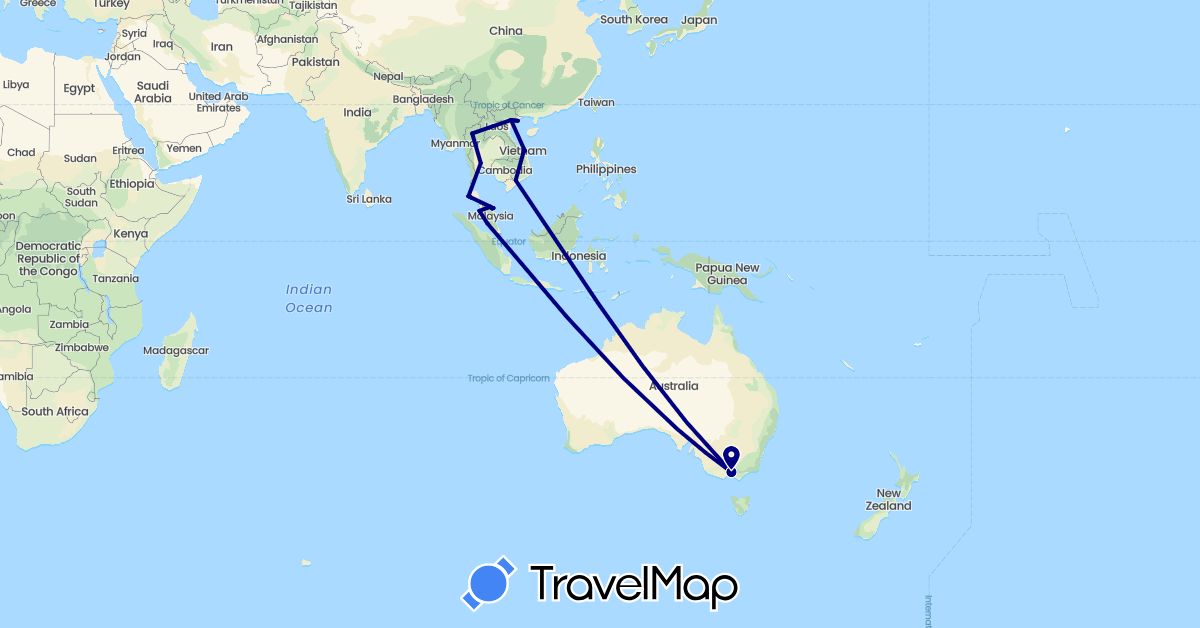 TravelMap itinerary: driving in Australia, Malaysia, Thailand, Vietnam (Asia, Oceania)